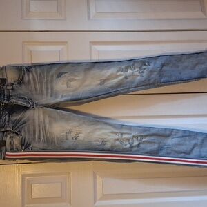 Stylish Blue Skinny Jeans with Red Stripe